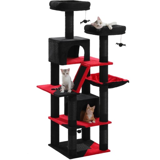 Kattenkrabpaal met vampiermotief hoogte 180 cm met huisjes, hangmat en sisalpalen rood-zwart voor katten in huis en om te klimmen