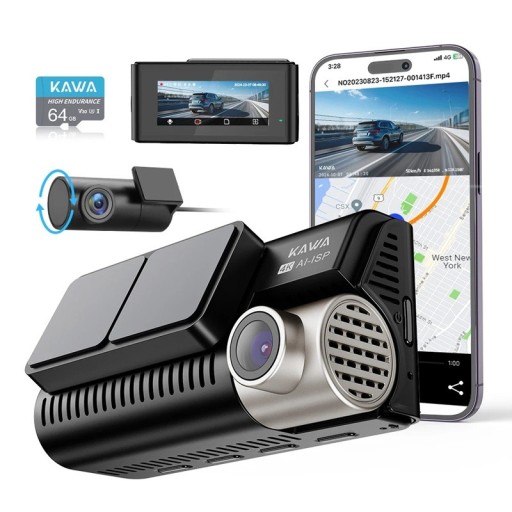 KAWA D11 4K elöl és hátsó autokamera WiFi-vel, GPS-szel és éjjellátóval, Sony Starvis érzékelő, 64GB memória kártya, fekete