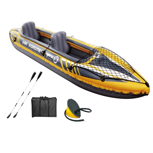 Kayak gonflable pour 2 personnes 350 x 78 x 52 cm Capacité 180 kg Revêtement en PVC résistant Jaune-gris avec pagaies et pompe Pour les sorties en eau et la pêche