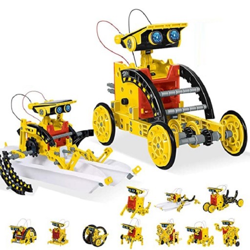Keltainen robottirakennussarja aurinkopaneelilla. Opettavainen liikkuva robottilelu lapsille. Keltainen aurinkoenergialla toimiva robotti. 12 robotin sommitteluvaihtoehtoa. 18 x 24 x 7 cm.