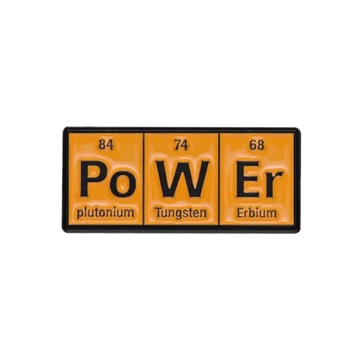 Kémiai kitűző PoWEr periódusos táblázat kb. 3 x 1,3 cm fém narancssárga kitűző ruhára hátizsákra táskára tudományos motívum