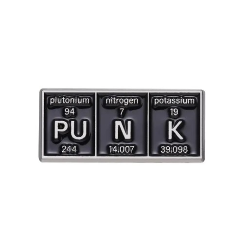 Kémiai kitűző PUNK periódusos rendszer kb. 3 x 1,3 cm fém fekete kitűző ruházatra hátizsákra táskába tudományos motívum