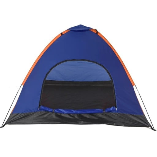 Kempingový stan pro 3-4 osoby 200 x 200 x 130 cm rip-stop polyester s PA zátěrem modro-oranžový na kempování a turistiku s moskytiérou
