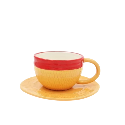 Keraaminen muki alustan kanssa 250 ml, kahvi- ja teekuppi keraamista kelta-punaista kahvalla kotikäyttöön ja toimistoon