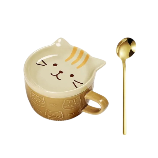 Keramický hrnek s kočičím motivem 300 ml šálek na kávu béžový s ouškem a lžičkou pro domácí použití