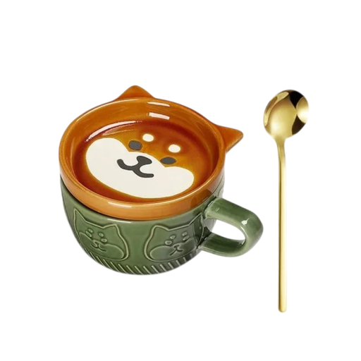 Keramický hrnek s motivem psa 300 ml šálek na kávu zeleno hnědý s ouškem a dekorací pro domácí použití i servírování