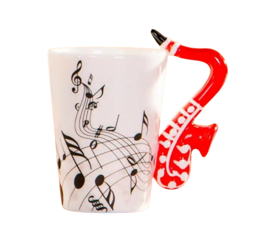 Keramický hrnek s motivem saxofonu a uchem ve tvaru saxofonu 240 ml dekorativní design pro kávu čaj i každodenní použití