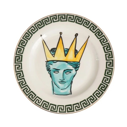 Keramický talířek dekorativní průměr 20,3 cm keramika bílý s motivem postavy s korunou ochranný okraj pod šálek a servírování