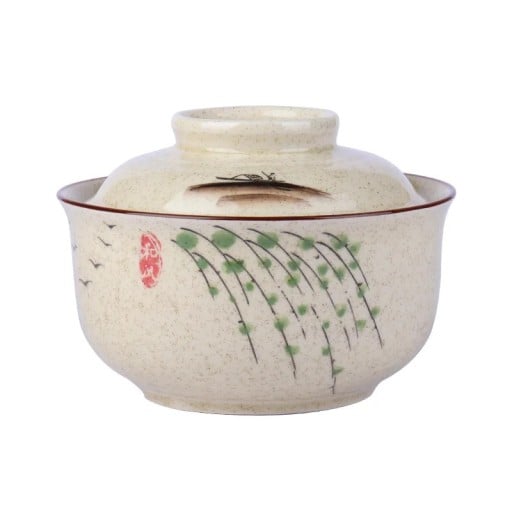 Keramiikkakulho kannella japanilaistyylinen 750 ml keramiikka beige oksakuvioilla keittojen ja riisin tarjoiluun