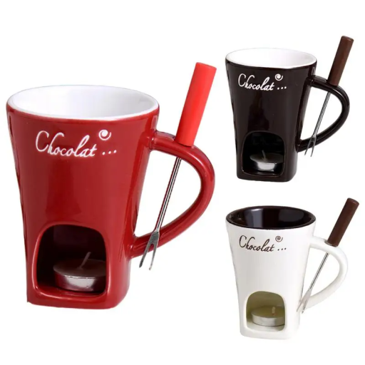 Keramische fonduemok 200 ml met plaats voor een waxinelichtje, roestvrijstalen vork en kaars Ideaal voor chocolade of kaas