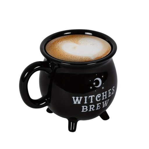 Keramisk krus i form af en keddel med teksten witches brew 350 ml keramik sort 13 × 9,2 cm til kaffe te og dekoration
