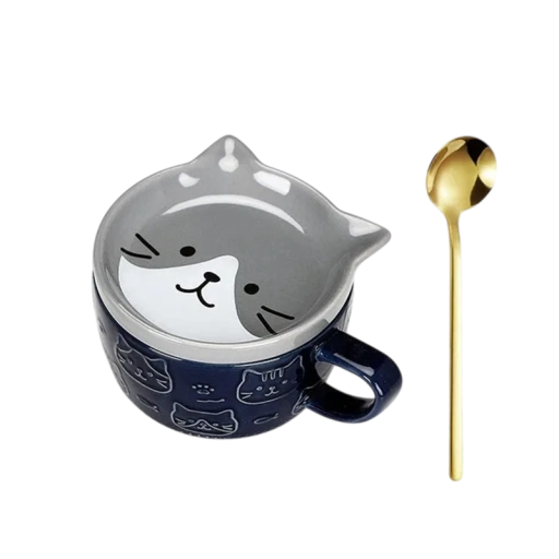 Keramisk krus med kattemotiv 300 ml kaffekop blå med hank og ske til hjemmebrug