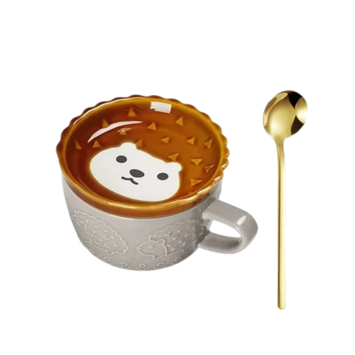 Keramisk krus med motiv af pindsvin 300 ml kaffekop grå med håndtag og ske til hjemmebrug og servering af drikkevarer