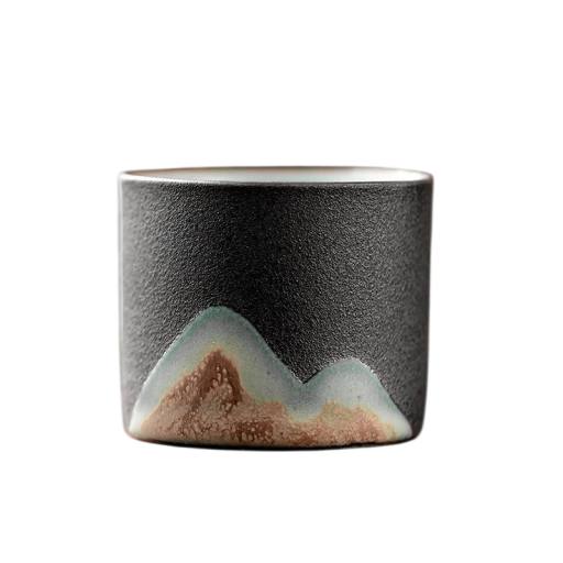 Keramisk krus med motiv af tegnede bjerge 55 ml af keramik sort lille krus til espresso og ristretto til kaffe til hjemmebrug