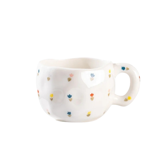 Keramisk krus med små farvede dekorer 300 ml mål 9,5 × 7 cm dekorativt design til kaffe te og daglig brug