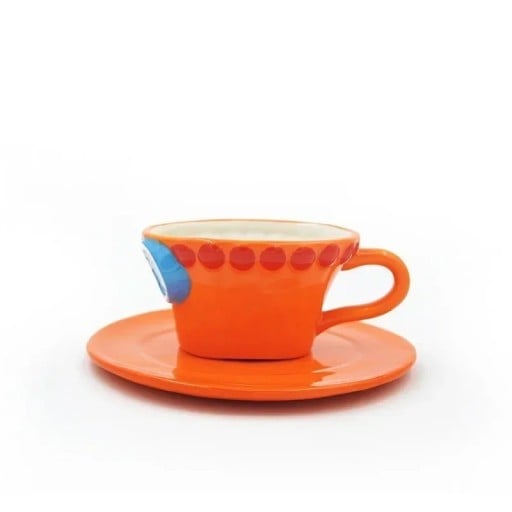 Keramisk krus med underkop 250 ml, krus til kaffe og te i keramik orange med plastisk ansigtsdekor til hjemmebrug
