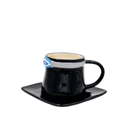 Keramisk krus med underkop 250 ml, krus til kaffe og te i sort keramik med firkantet underkop til hjemmet og kontoret