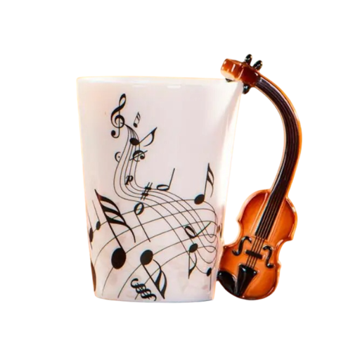 Keramisk krus med violinmotiv og håndtag i form af violiner 240 ml dekorativt design til kaffe te og daglig brug