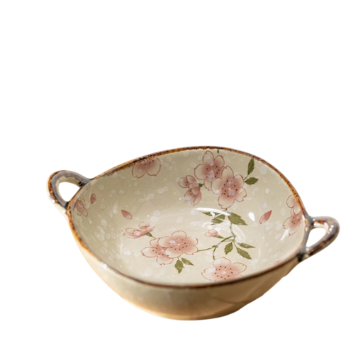 Keramisk skål för soppa med handtag blommönster 23,5 cm keramik beige rosa mönster skål för sallad pasta och ramen