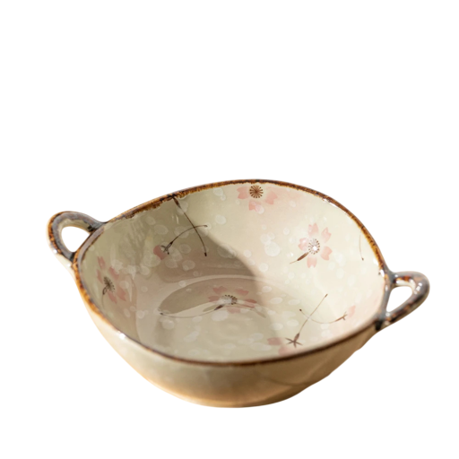 Keramisk soppskål med handtag blommönster 23,5 cm keramik beige skål för sallad pasta ramen och servering