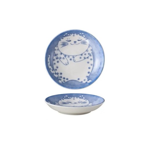 Keramisk underkop 2 x 10 cm vanddråbeformet japansk stil saucetallerken dessert sushi polkaprikket glad kat mønster kreativt service