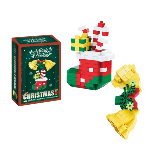 Kerst bouwset 5,6 x 4 x 2,2 cm en 7,8 x 3,2 x 2,4 cm 250 stukjes Kerst sok met cadeaus en gouden bellen Gedetailleerd feestmodel