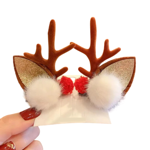 Kerst haarspelden met rendierhoorns, gouden oortjes en twee pompons Stijlvolle accessoire voor kerstkapsels en winterfotografie