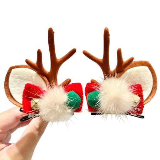 Kerst haarspeldjes met rendiergeweien en oortjes, belletjes, pompon en rode strik Stijlvolle accessoire voor kerstkapsel