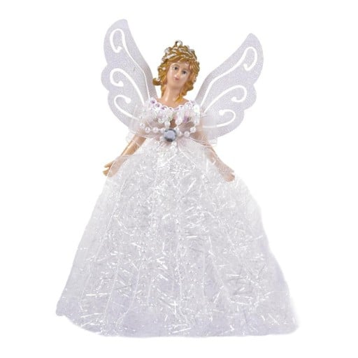 Kerstfiguur engel 13 x 22 cm Glinsterende jurk met kralen en decoratieve steen Versierde vleugels Plastic decoratie om neer te zetten