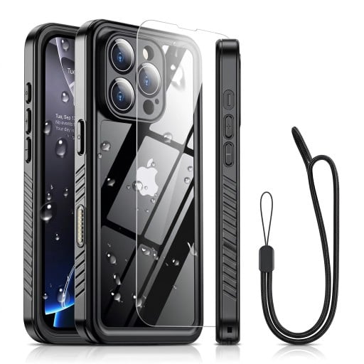 Kestävä vesitiivis kotelo iPhone 11 Pro Max IP68-suojauksella, läpinäkyvä ja iskunkestävä mustalla reunalla, uritettuilla sivuilla ja hihnalla