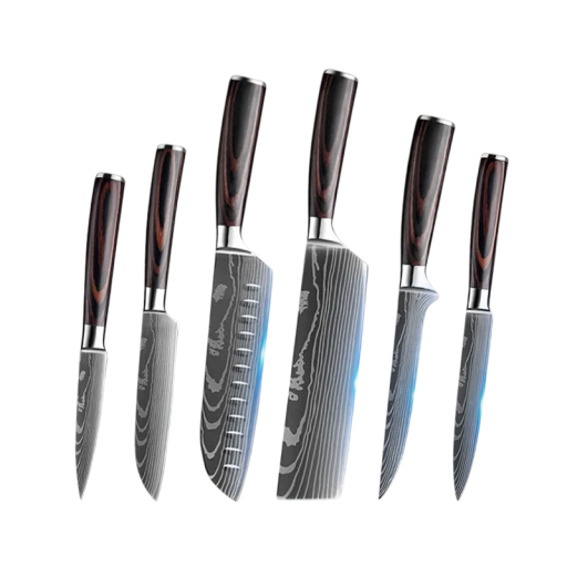 Keukenmessenset 6-delig roestvrij staal, Japanse laserdamascus hakmes, Santoku, universele chef-snij- en uitbeenmessen