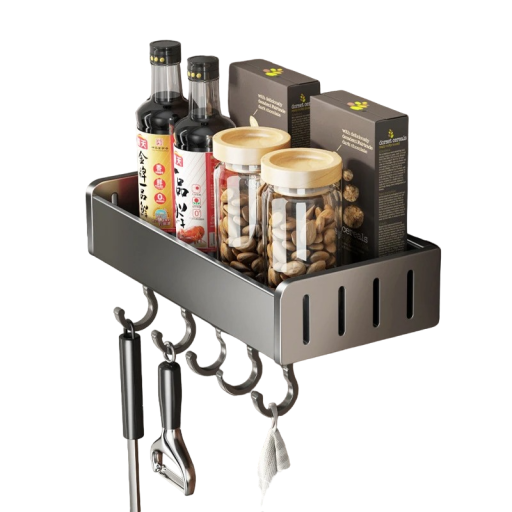 Keukenorganizer voor aan de muur met haken Kruidenorganizer Keukenplank Multifunctionele organizer 30 x 13,7 x 5,5 cm