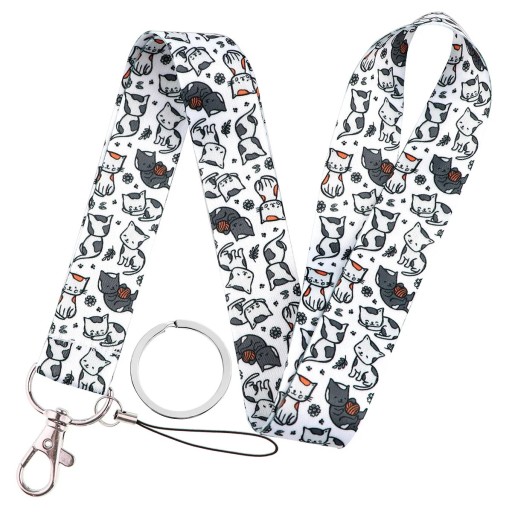 Key Strap 45 cm Polyester Fibre Black and White Cats Design Lanyard with Carabiner Key Holder Card Chip