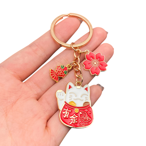 Keyring 3 x 9 cm Lucky Cat with Flower and Fish Metal Talisman Maneki Neko Handbag Decoration Backpack Gift