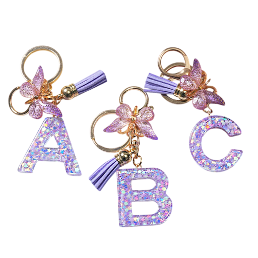 Keyring 4 cm Resin Keychain Purple Initials and Butterfly Decorative Bag Charm Gift for Women