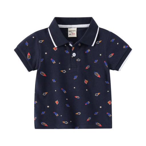 Kinder Jungen Poloshirt mit Kragen und Raketenmotiv Kurze Ärmel Baumwollshirt mit Knöpfen bis zur Mitte