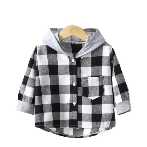 Kinder karierte Hemd mit Kapuze Schwarz-Weiß Baumwolle Polyester Mädchen und Jungen Jacke für Frühling und Herbst Stylische Jacke mit langen Ärmeln und Knöpfen