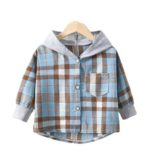 Kinder kariertes Hemd mit Kapuze Blau-Braun Baumwolle Polyester Mädchen und Jungen Jacke für Frühling und Herbst Stylische Jacke mit langen Ärmeln