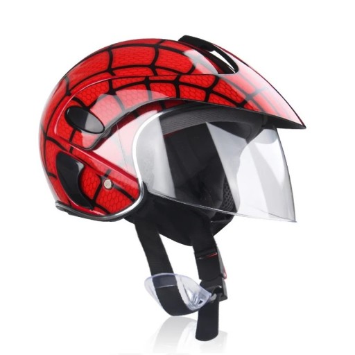 Kinder-Klapphelm für Motorradfahrer für Kinder von 3-9 Jahren, 48-53 cm, Sonnenblende aus ABS, Rot mit schwarzem Spinnennetzmuster, Sicherheitsausstattung