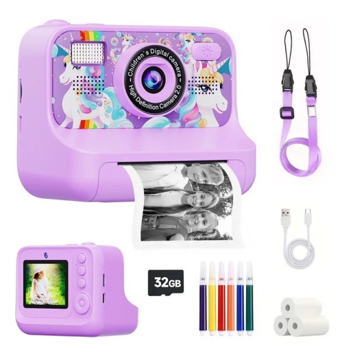 Kinder-Polaroid mit sofortigem Schwarzweißdruck, 2,4-Zoll-Bildschirm, 1080P-Video, Blitz und Filtern, mit 32 GB Karte und USB-C-Ladung