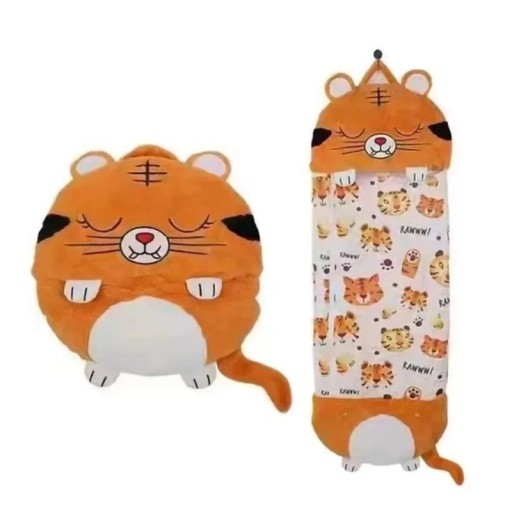 Kinder-Schlafsack 160x60 cm, orange mit Tiger-Motiv, mit Reißverschluss, integriertem Kissen und praktischem Griff