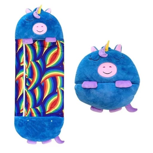 Kinder-Schlafsack Plüsch Einhorn blau 160 × 60 cm Baumwolle Daunen Kaninchenfell Reißverschluss bis oben Tierverpackung Schlafen