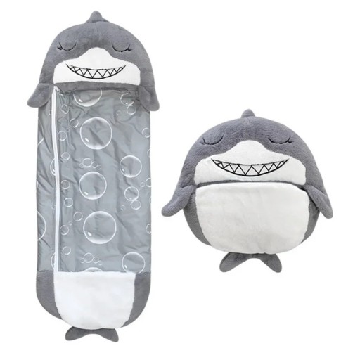 Kinder-Schlafsack Plüsch grauer Hai 160 × 60 cm Baumwolle Daunen Kaninchenfell Reißverschluss bis oben Tierform Aufbewahrung