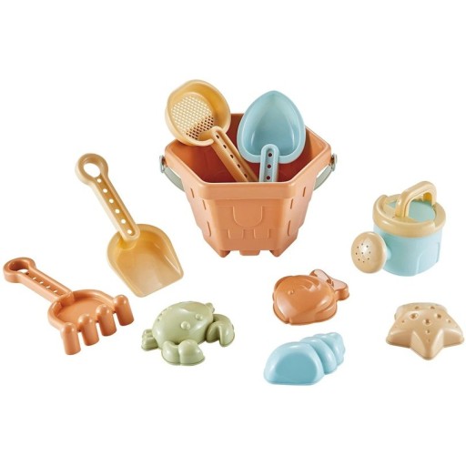 Kinder strand speelgoed set 10 stuks plastic gereedschap en zandvormpjes in emmer 18 x 17 cm voor zandbak en water spellen