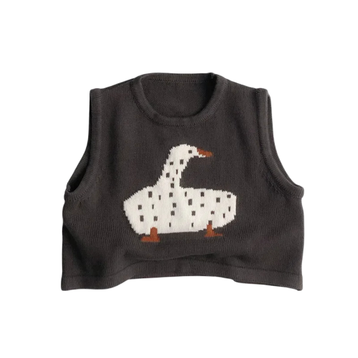 Kinder Strickweste 12 Monate bis 6 Jahre Baumwollpullover ohne Ärmel Dunkelgrau mit gezeichneter Gans Niedliche Frühlings- und Herbstweste für Jungen und Mädchen
