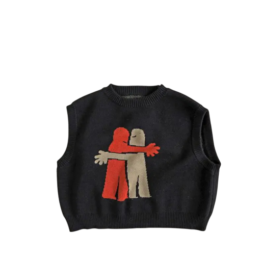 Kinder Strickweste 12 Monate bis 6 Jahre Baumwollpullover ohne Ärmel Schwarz mit zwei sich umarmenden Figuren Niedliche Frühlings- und Herbstweste