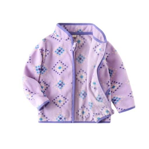 Kinder winterjas met hoge kraag Warme unisex jas met rits Paarse pluche jas met zakken Winterjas voor kinderen met een motief van kleurrijke