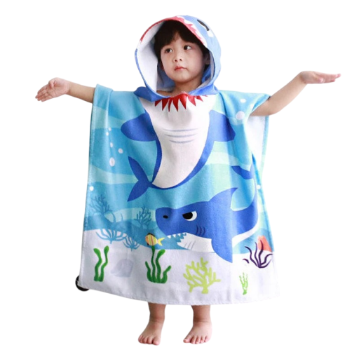 Kinderbademantel mit Kapuze und maritimem Haifischdruck 60 x 120 cm Für eine Größe von 80 - 130 cm Unisex Kinderbademantel