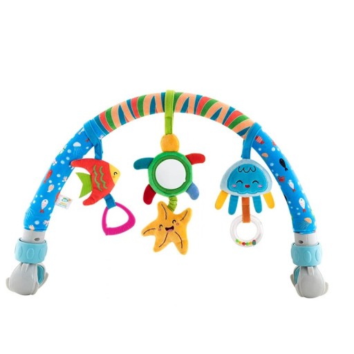 Kinderbogen mit Rasseln 31 x 51/87 cm Mit Clip für den Kinderwagen und das Bett Halterung für 3 schwingende Spielzeuge Mit Spiegel und Melodie Befestigung mit Klettverschluss