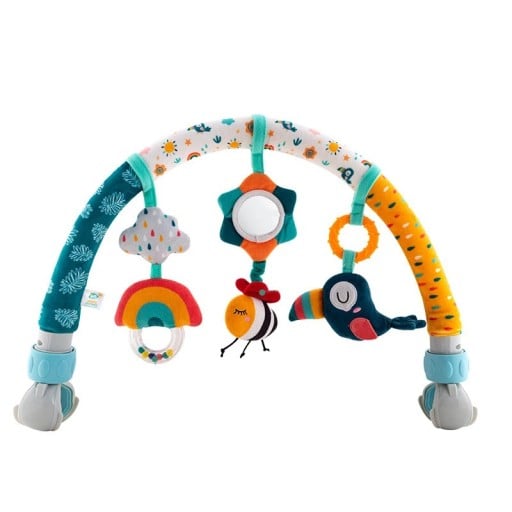 Kinderboog met rammelaars 31 x 51/87 cm Met clip voor de kinderwagen en het bed 3 schommelende speeltjes Vogel met melodie Spiegel en rammelaar Bevestiging met klittenband